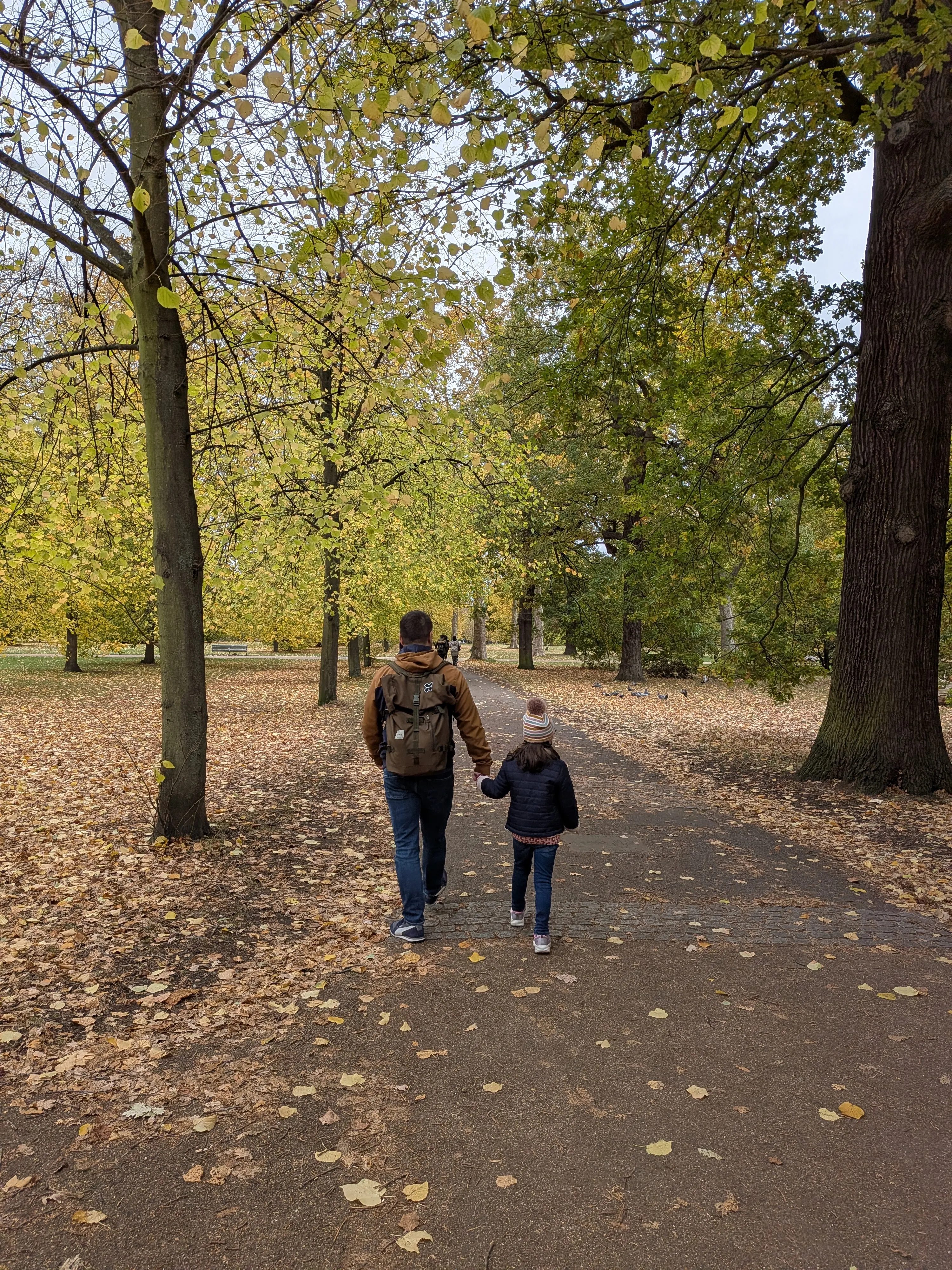 Father and daughter walking hand in hand through a park in autumn
